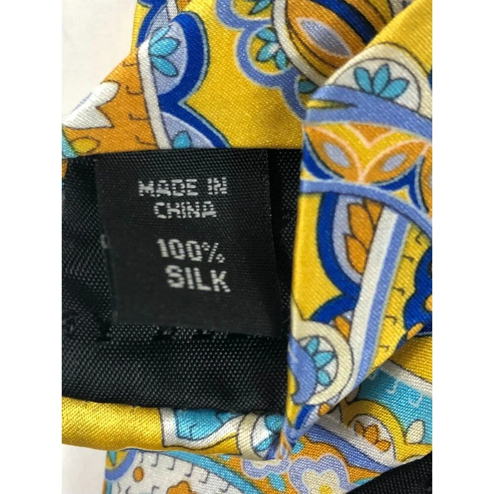 Geoffrey Beene 100% Silk Tie Yellow Blue Paisley Floral Pattern Men's Necktie